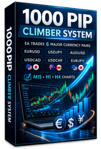 The A 1000 Pip Climber System EA box displays major currency pairs, forex charts and rising trading graphs featuring euro, dollar and yen symbols.