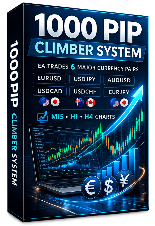 A 1000 Pip Climber System EA box shows major currency pairs, forex charts, and rising trading graphics with euro, dollar, and yen symbols.