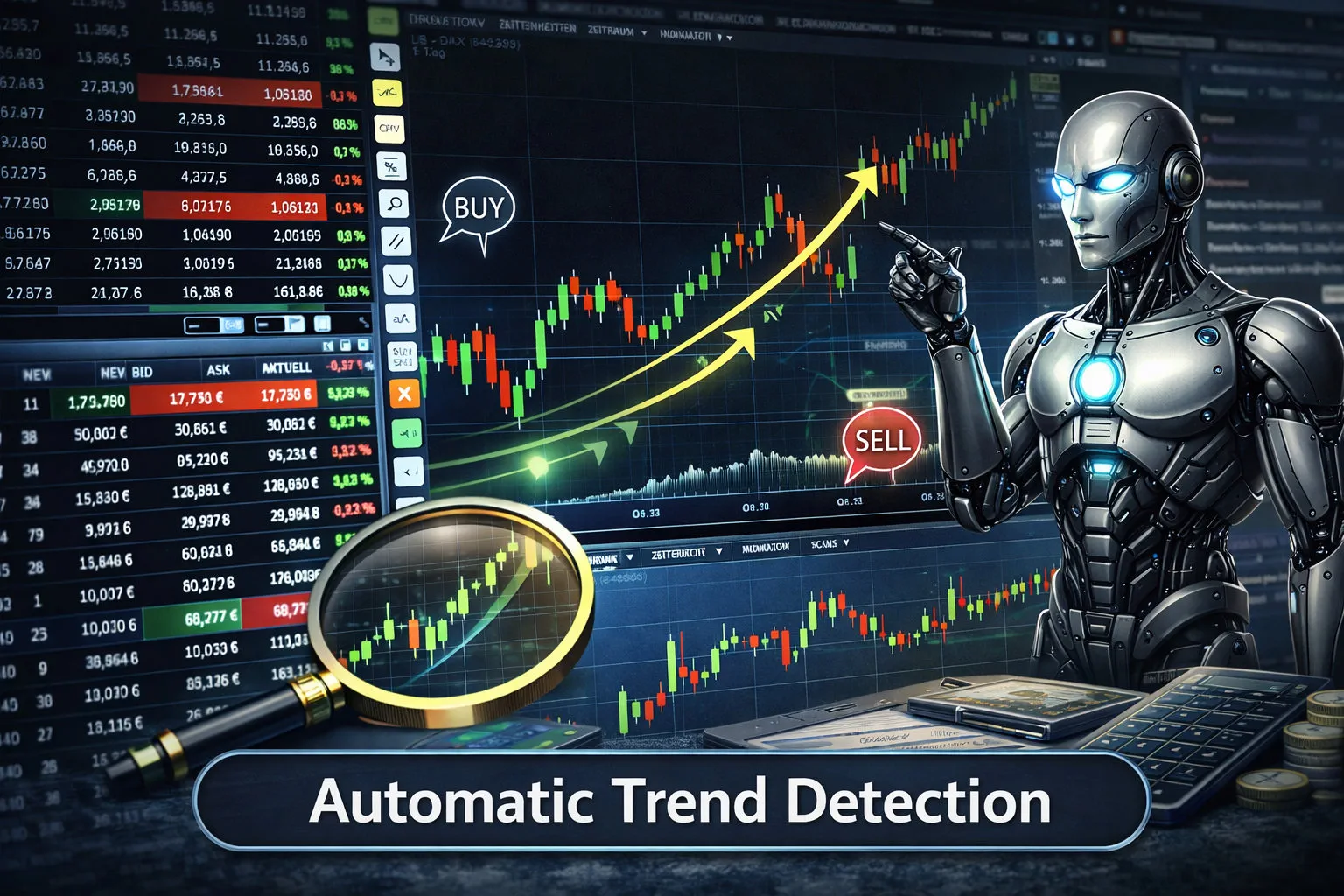 Trading screen with candlestick charts, green and red signals, and BUY and SELL markers beside a blue-eyed trading robot and magnifier overlay.