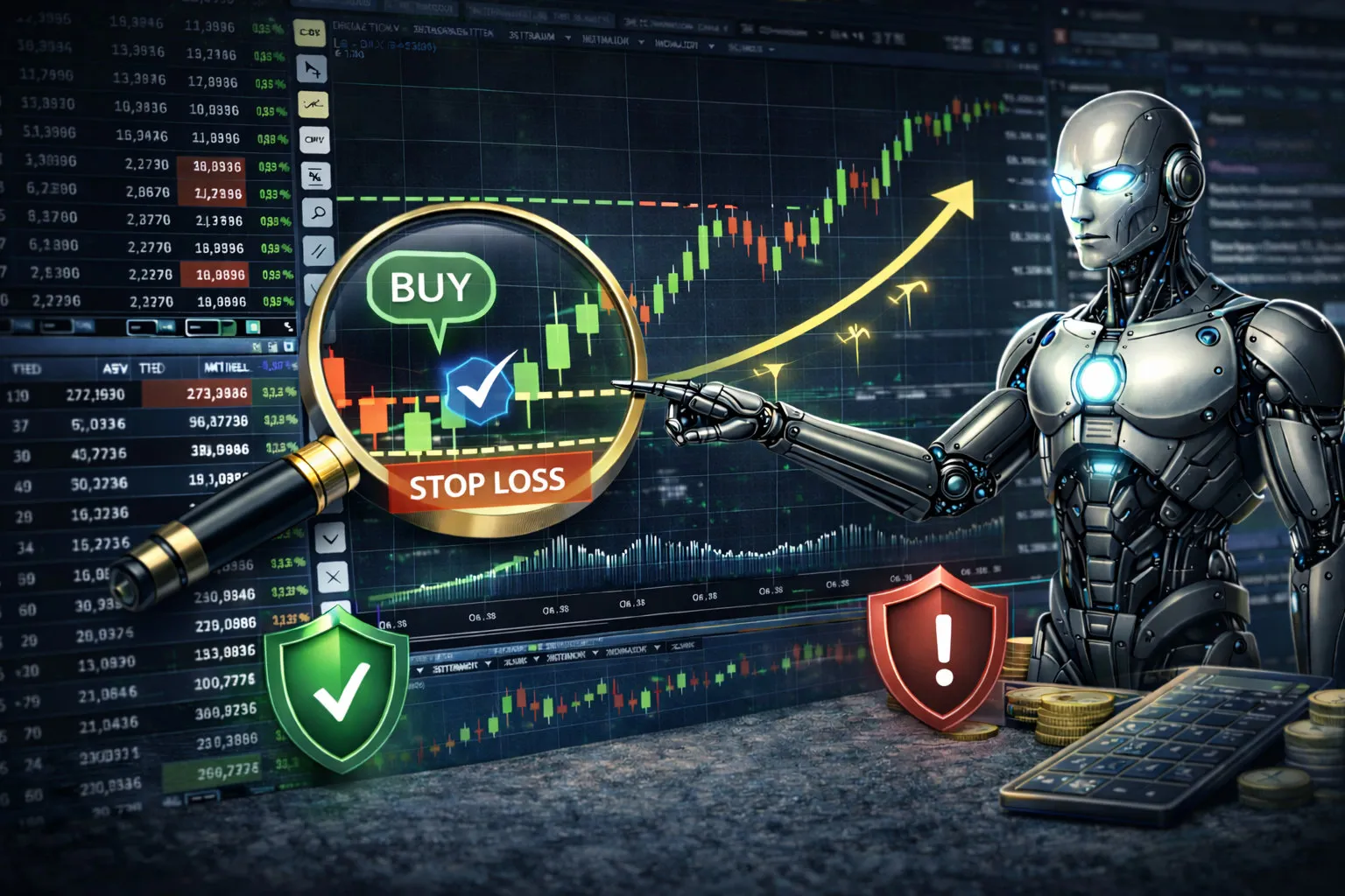 A robotic trading assistant with a green BUY signal, STOP LOSS label, risk shields, and candlestick charts showing an upward move on a blue screen.