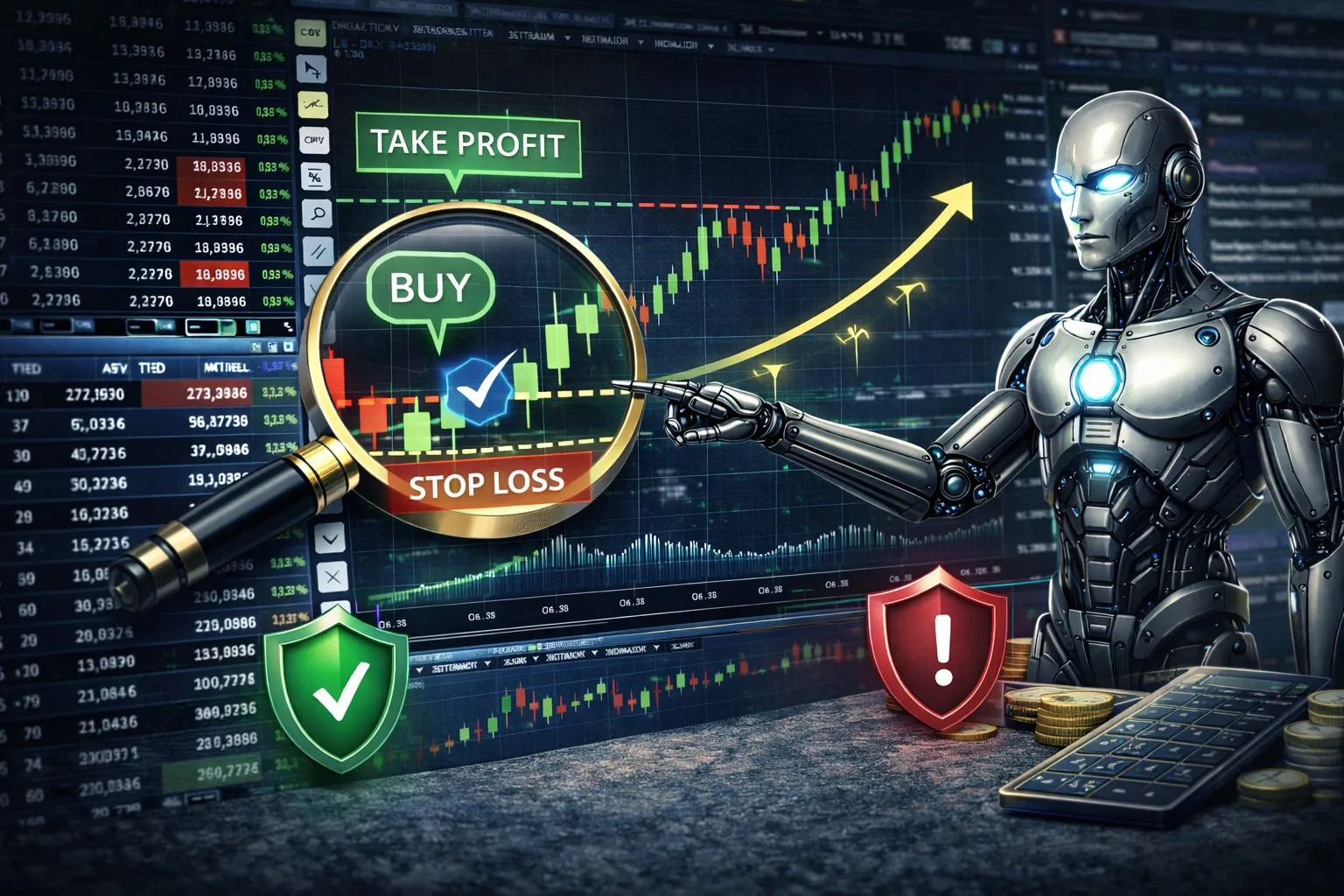 Take Profit, Buy, and Stop Loss trading signals with green and red shields, magnifier, gold coins, and a metallic robot on a forex chart background