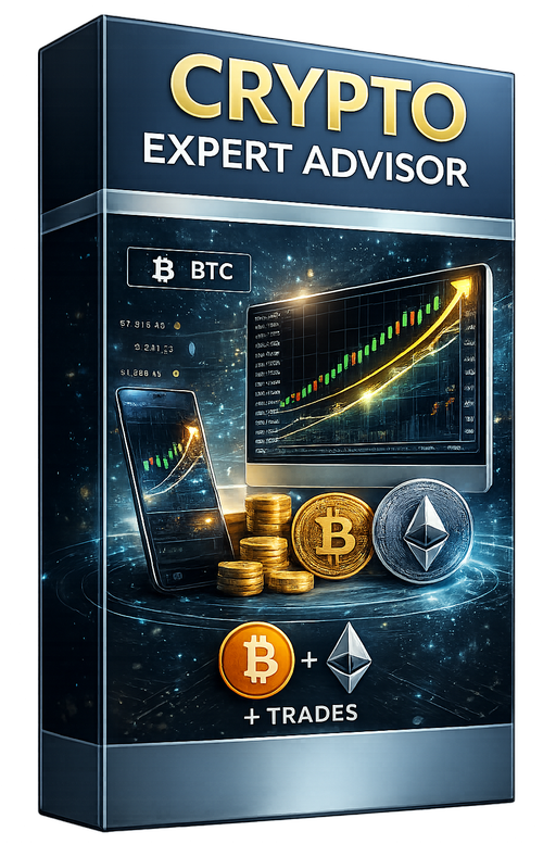 An automated crypto trading advisor panel shows BTC, Bitcoin and Ethereum symbols with rising charts, stacks of coins and a bullish market trend on screen.