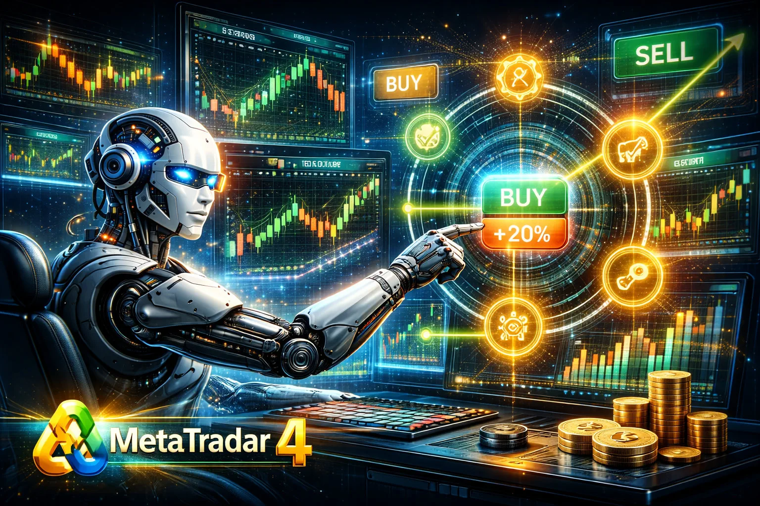 Futuristic blue neon robotic trader sits before multiple screens with green and red candlestick charts, a glowing Buy button, and prominent MetaTrader 4 branding