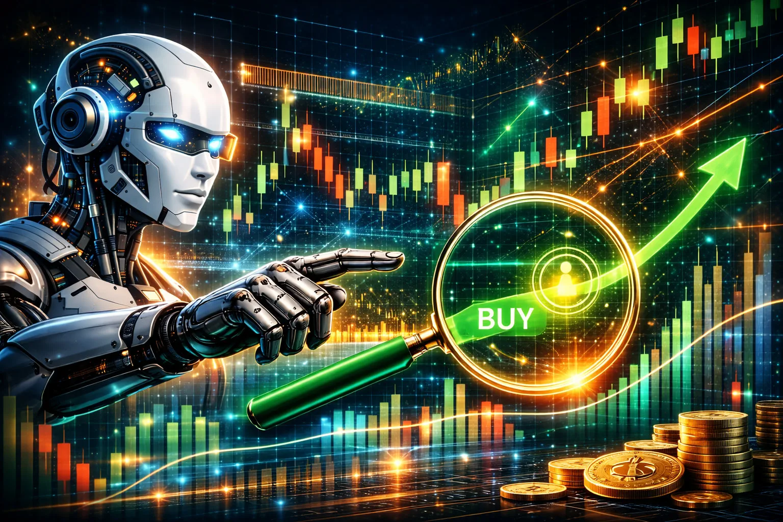 Futuristic metallic robot trader with a glowing blue visor points toward a bright green Buy signal, set against colorful candlestick charts, neon grid lines, and stacked gold coins