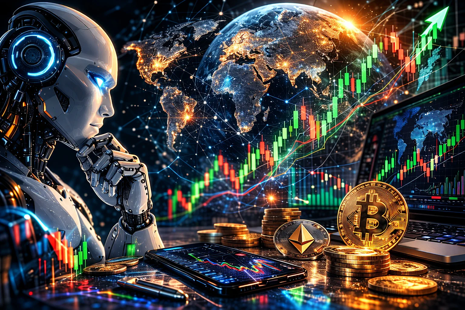 CryptoEA trading market visual with a glowing blue globe, green and red candlestick chart, and gold cryptocurrency coins like Bitcoin and Ethereum