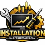 Installation logo featuring a wrench, screwdriver, and gear surrounding a monitor with a rising arrow, set against a gold skyline and branded by Gold Forex Trader.