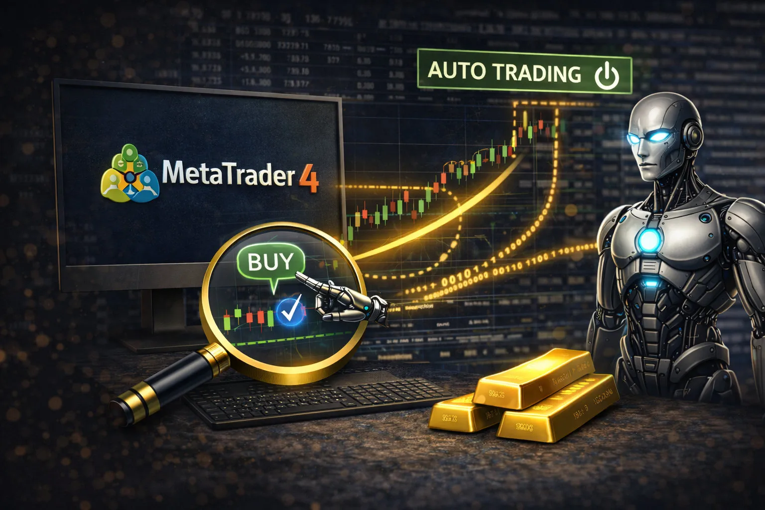 MetaTrader 4 logo on a dark monitor, a futuristic robotic figure, and gold bars with a magnifying glass highlighting a buy signal, signalling auto trading themes.