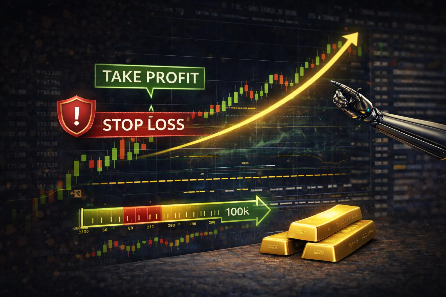 Gold bars sit beside a dynamic stock chart with a bold green TAKE PROFIT banner and a red STOP LOSS banner, a metallic robotic hand points upward amid a glowing financial scene featuring GoldEA branding.