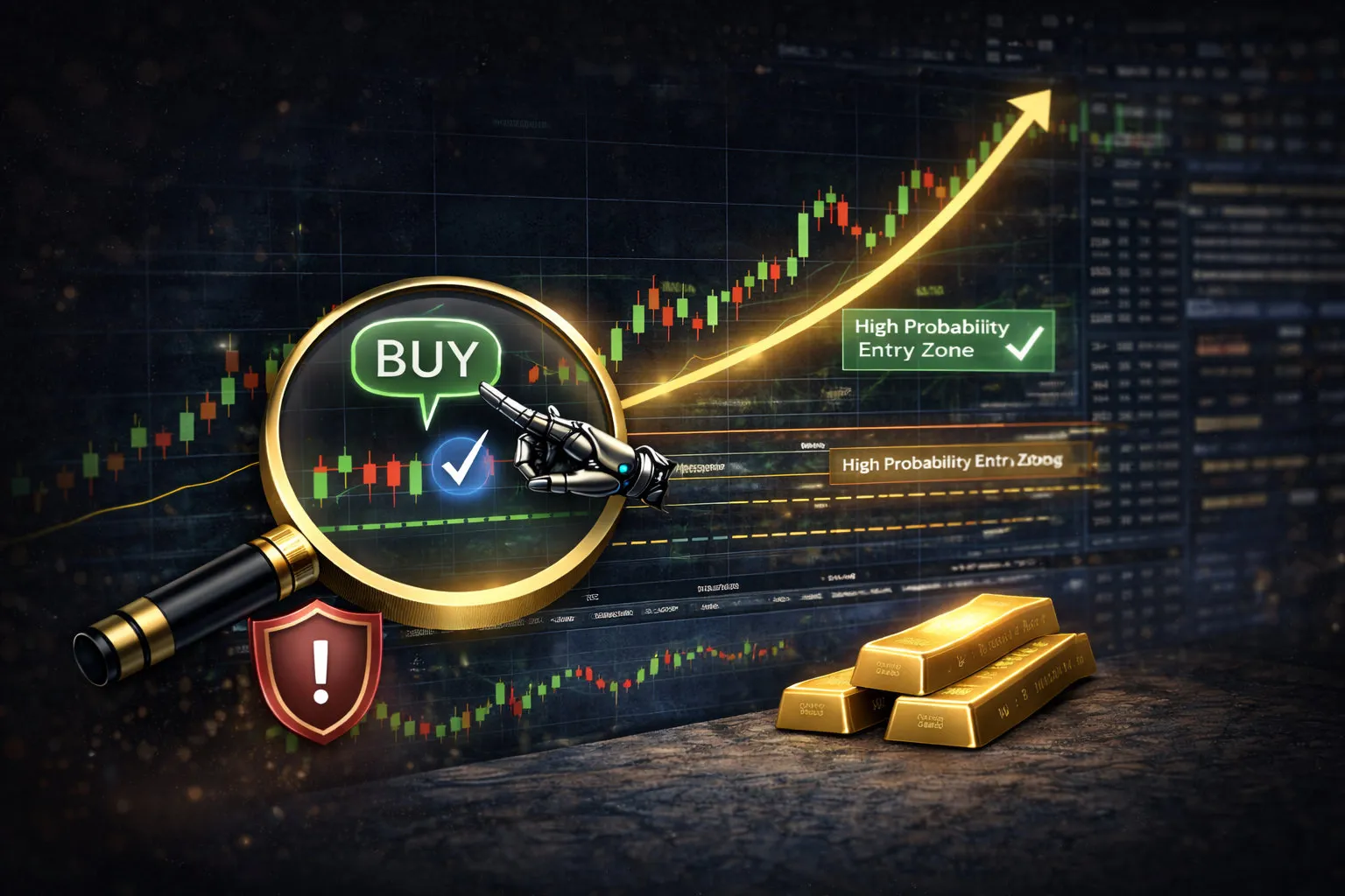 GoldEA theme with a magnifying glass over a bullish stock chart, green buy check, robotic hand pointing, and stacked gold bars in the foreground.