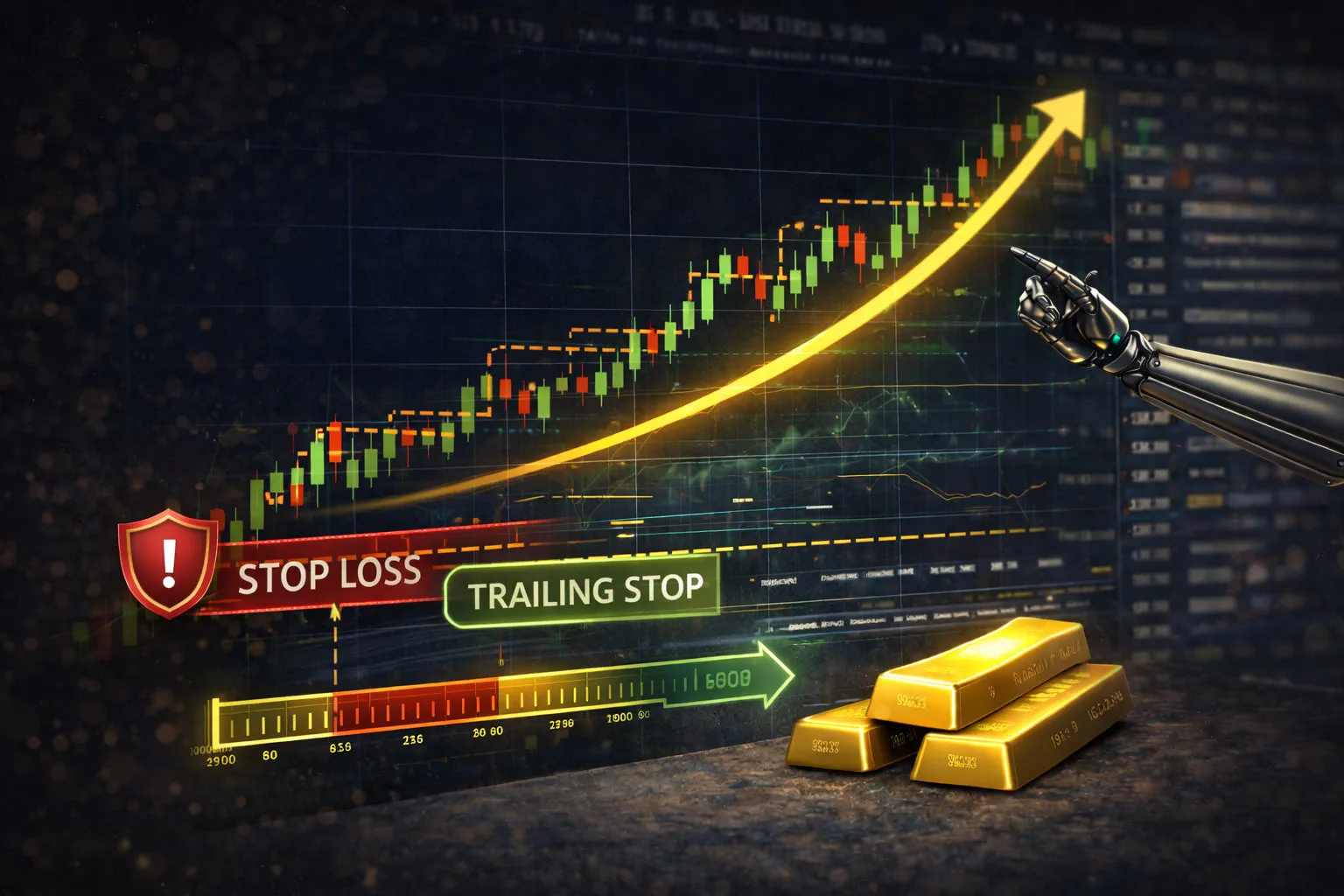 Bright trading chart with green and red candlesticks, a glowing yellow arc rising upward, a robotic arm pointing forward, and gold bars in the foreground.