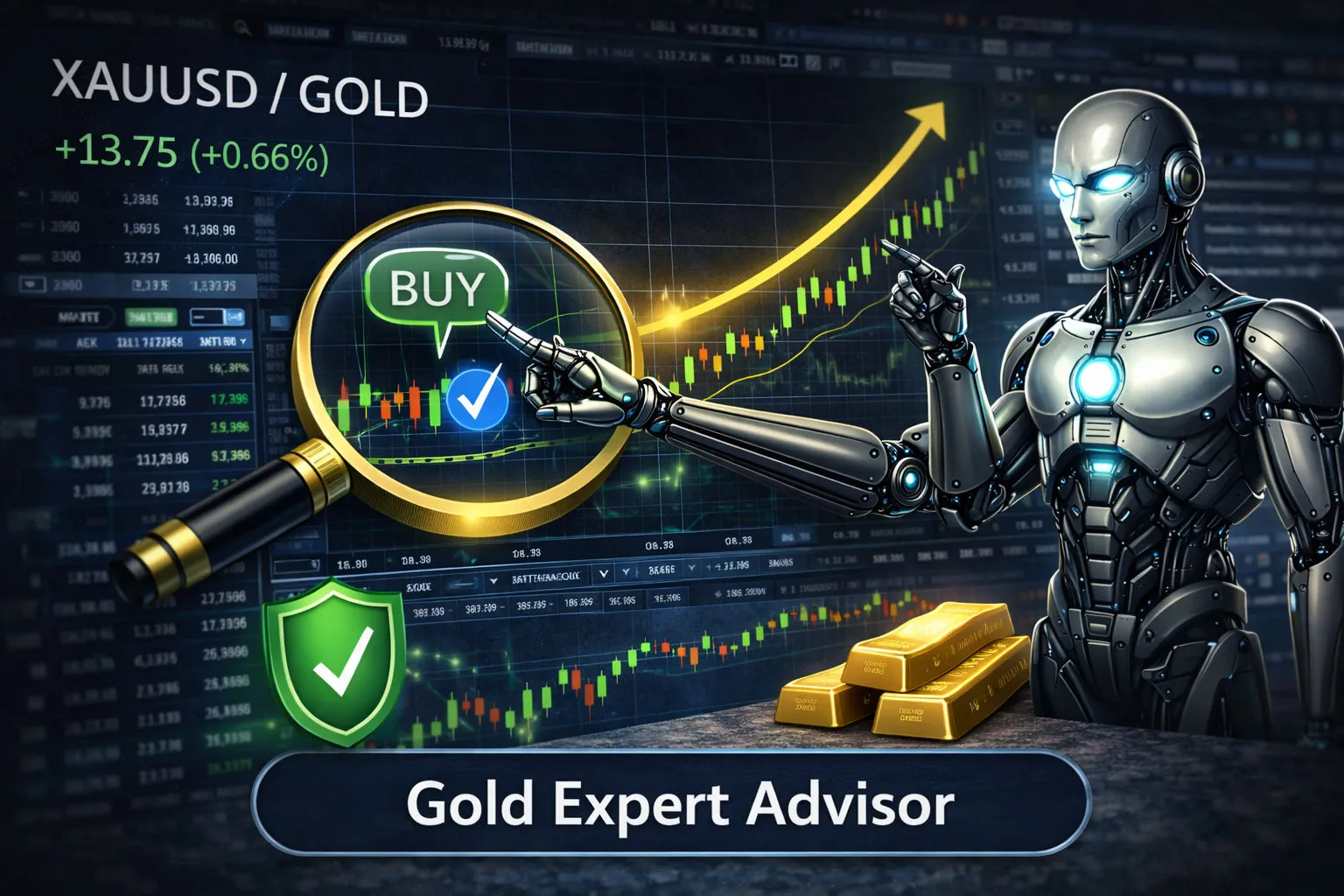 Gold Expert Advisor branding with a sleek silver robot examining a stock chart under a magnifying glass, gold bars, a green shield with a check, and a rising arrow.