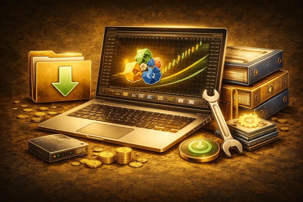 Golden-toned laptop displaying a trading chart with colorful blocks, coins and financial tools, symbolizing automated trading software and market analysis.