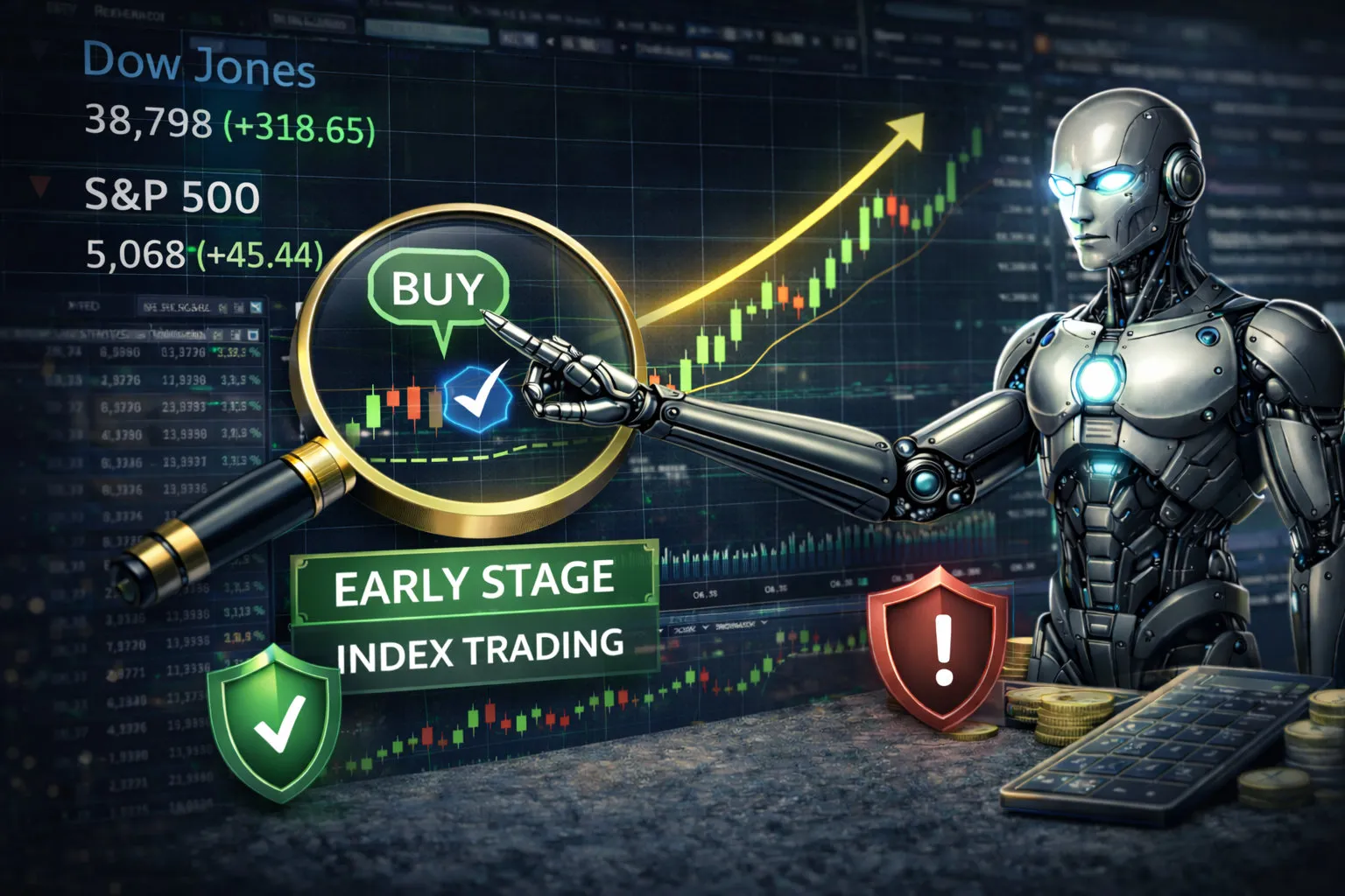 Index Expert Advisor themed image with a silver robotic figure, green Buy indicator, and stock chart visuals featuring Dow Jones and S&P 500 references, suggesting automated index trading