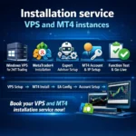Blue gradient background infographic showing installation service for VPS and MT4 instances, with Windows VPS, MetaTrader4 installation, Expert Advisor setup, MT4 account and IP setup, and function test icons.