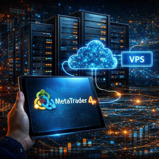 Blue glowing VPS server racks form the backdrop while a hand holds a tablet displaying the MetaTrader4 logo, illustrating cloud hosting and trading infrastructure.