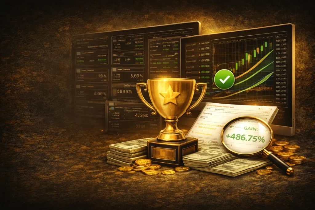 Gold trophy with star emblem sits among stacks of cash and gold coins, displayed in front of forex trading screens; associated with Gold Forex Trader and MetaTrader4 branding.