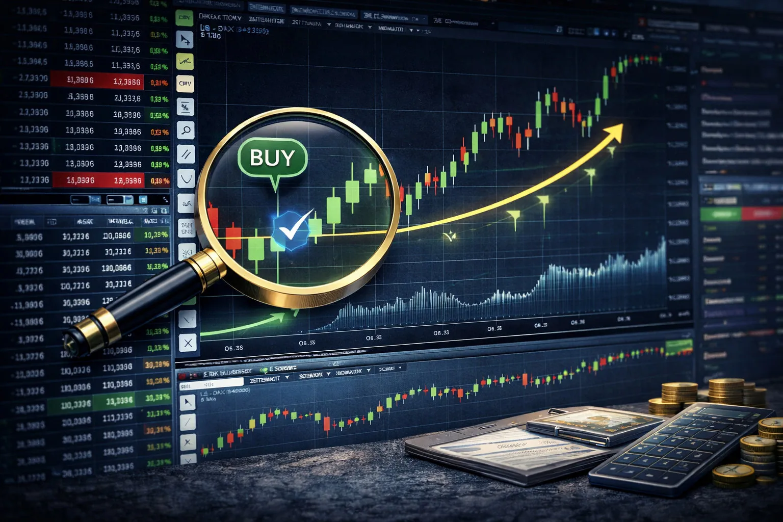 Magnified view of a trading dashboard with green candlesticks, a yellow upward arrow, a blue checkmark, and a green BUY bubble on a forex and gold trading screen.
