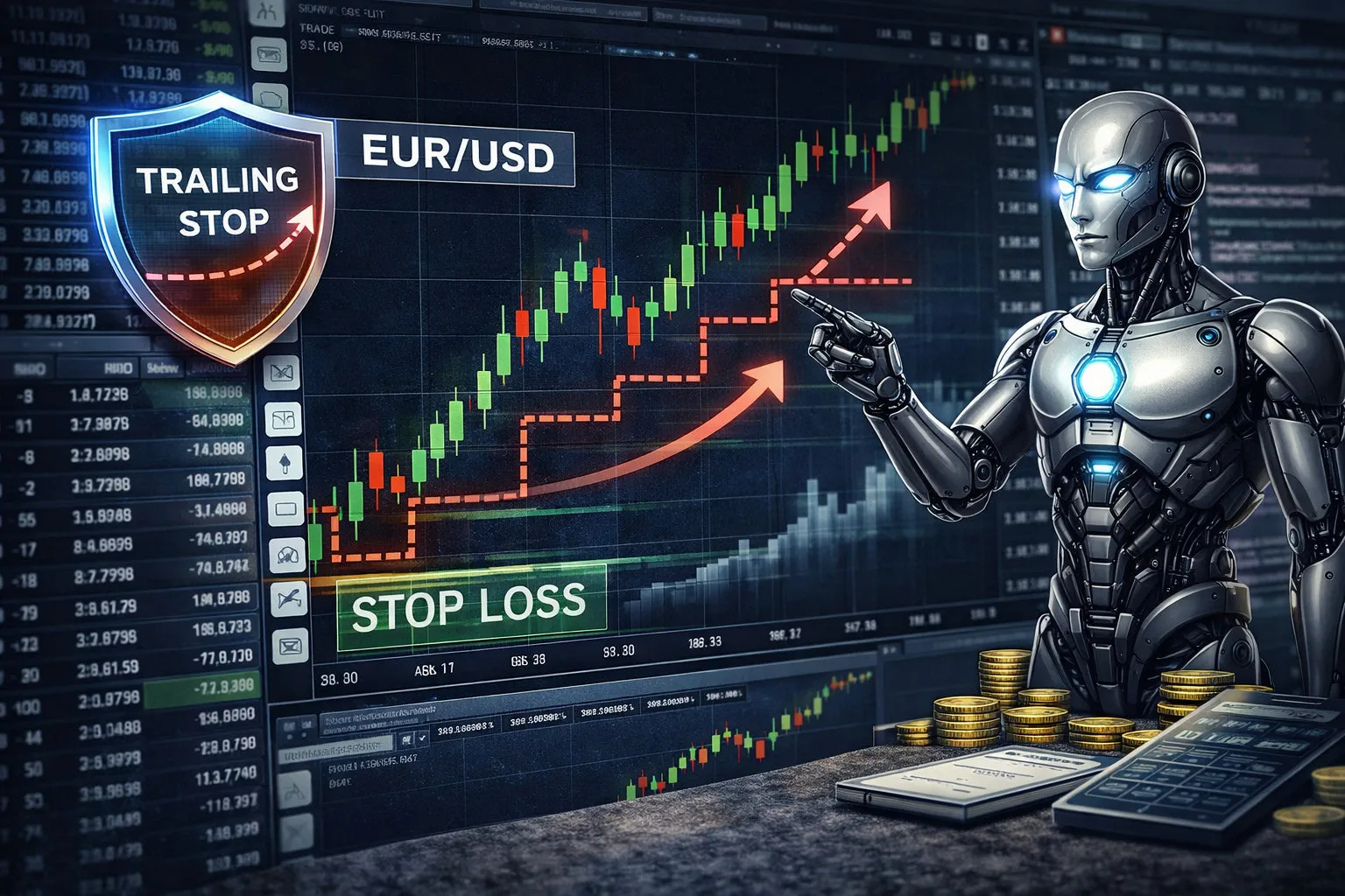 Metallic futuristic robot stands beside a trading dashboard showing EUR/USD, a trailing stop shield icon, and stop loss indicators on a dark financial screen.