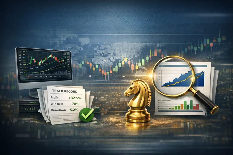 Blue-toned trading scene with a golden knight chess piece, financial charts on a monitor and printed reports, and a magnifying glass over a graph, conveying forex trading analysis