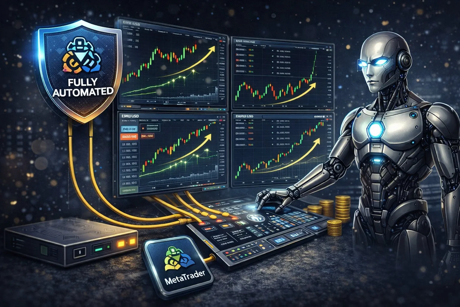 MetaTrader4 branding on a blue-glow shield beside a futuristic robot, with multiple monitor screens showing rising trading charts and glowing yellow arrows.