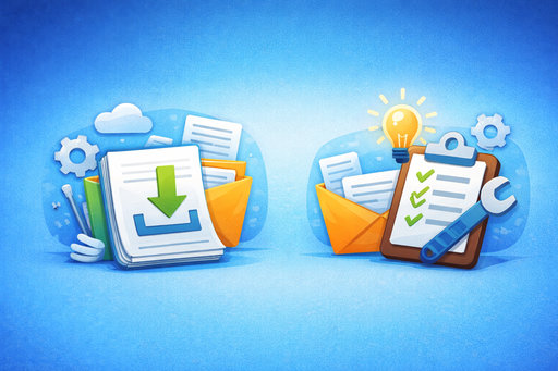 Blue illustration featuring folders, documents, checklists, and a lightbulb alongside gears, reflecting downloads and instructional content for Gold Forex Trader