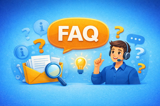 FAQ illustration on a blue background with an orange speech bubble labeled FAQ, a friendly helper with a headset, envelope, and magnifying glass, related to Gold Forex Trader FAQ.