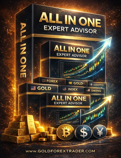 GoldForexTrader All In One Expert Advisor boxed set with gold bars, coins, and glowing stock charts labeled Forex, Gold, Index, Crypto.