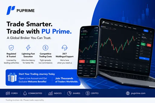 Blue PU Prime trading banner with a laptop showing market charts, spreads, and account details for MetaTrader 4 and Forex.