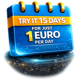Blue calendar with golden inscription „Try it 15 Days“ and reference to 1 euro per day for the 15-day test in trading.