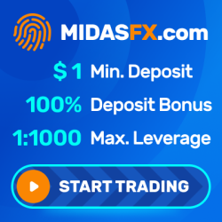 MidaxFXBroker MIDASFX.com banner with blue gradient, $1 Min. Deposit, 100% deposit bonus, 1:1000 max leverage, Start Trading button